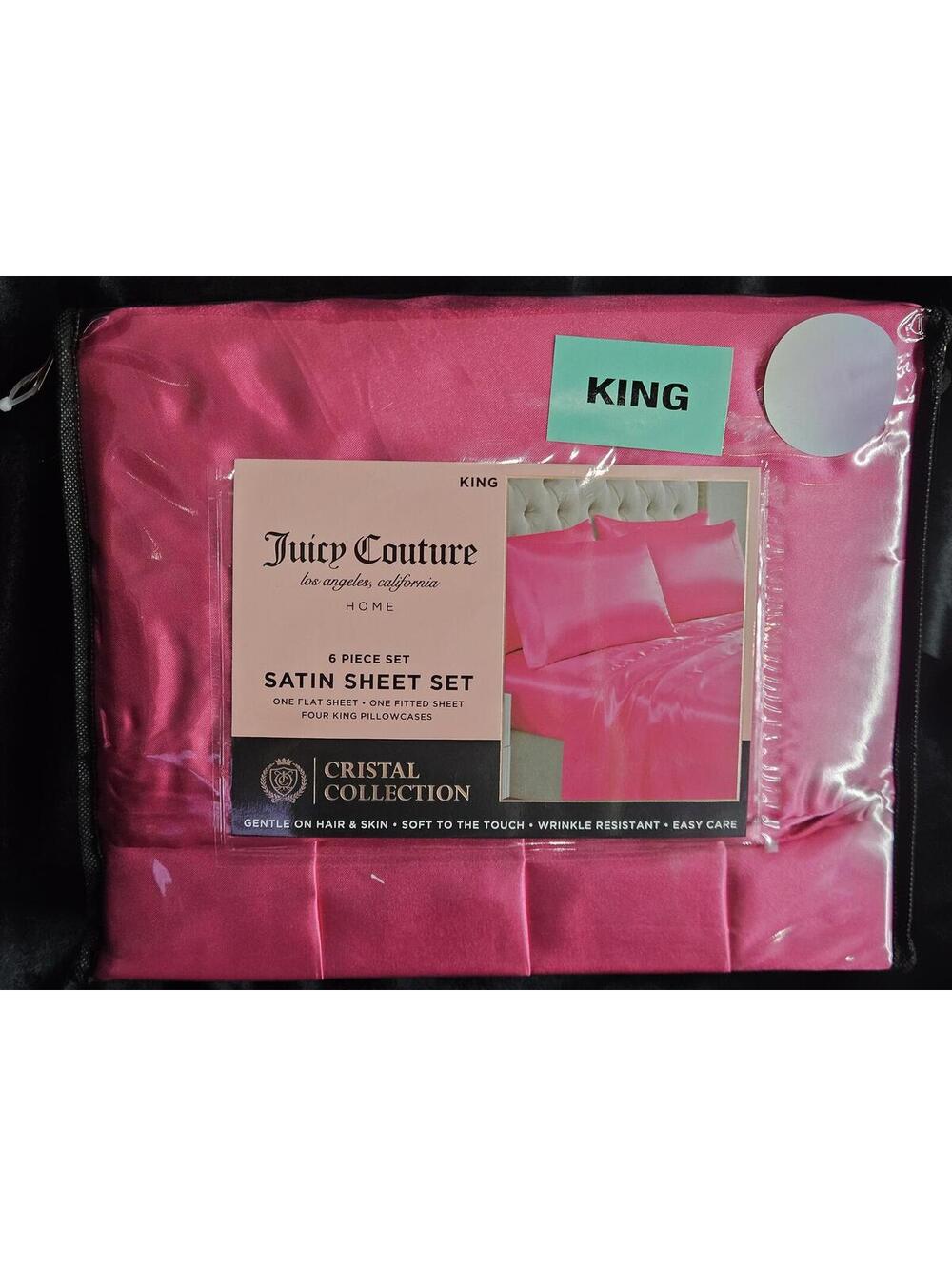 Juicy Couture King Satin Sheet 6 piece Set Hot Pink Crystal Collection NWT